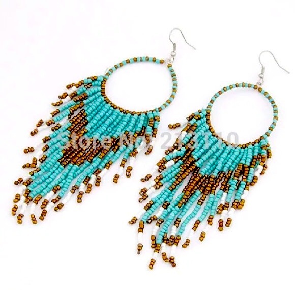 Turquoise Ethnic Blue Handmade Beaded Earrings - Picture 2 of 6